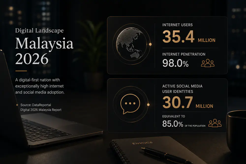 Dark mode infographic showing Malaysia 2026 internet users and social media adoption